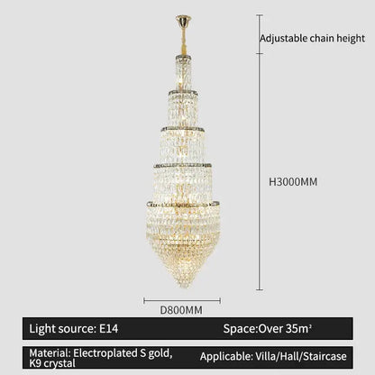 Modern gold crystal hollow long chandelier villa hall lighting