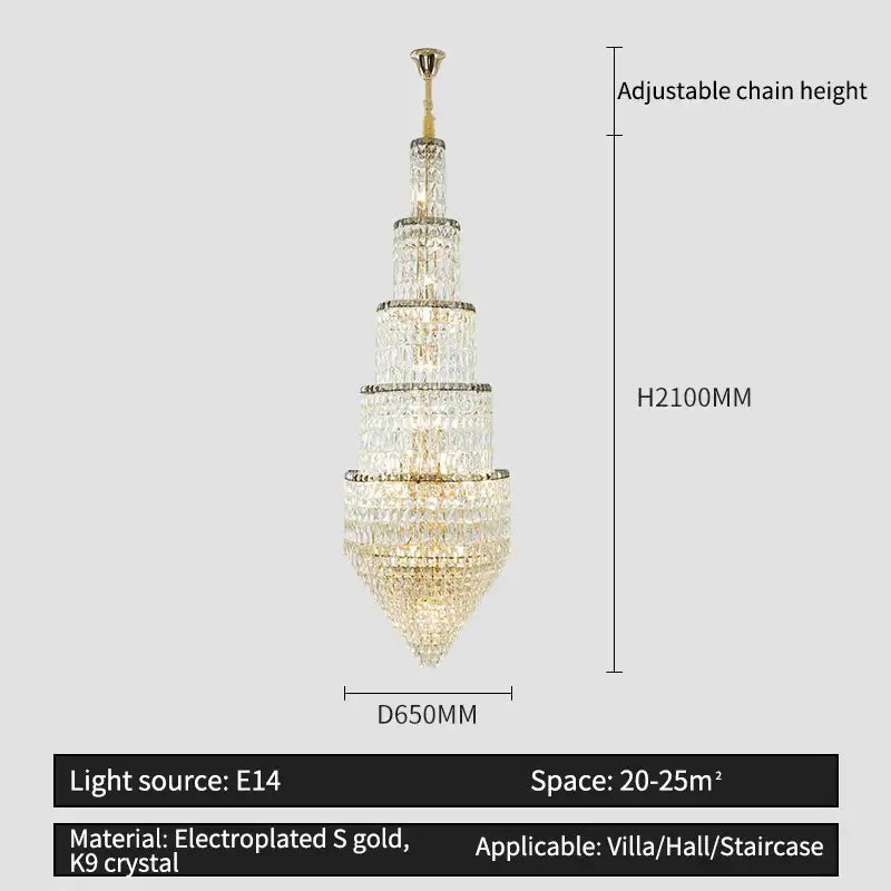 Modern gold crystal hollow long chandelier villa hall lighting