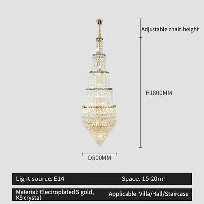 Modern gold crystal hollow long chandelier villa hall lighting