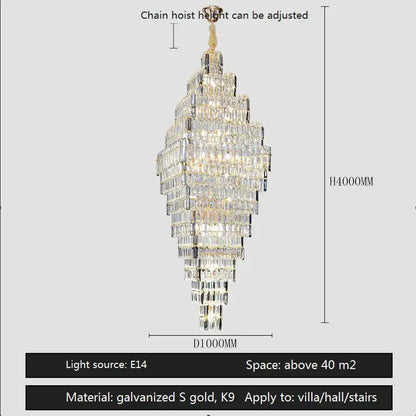 Modern gold crystal large chandelier for living room stairs