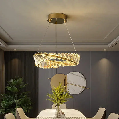 Modern gold crystal led chandelier dining room double ring pendant