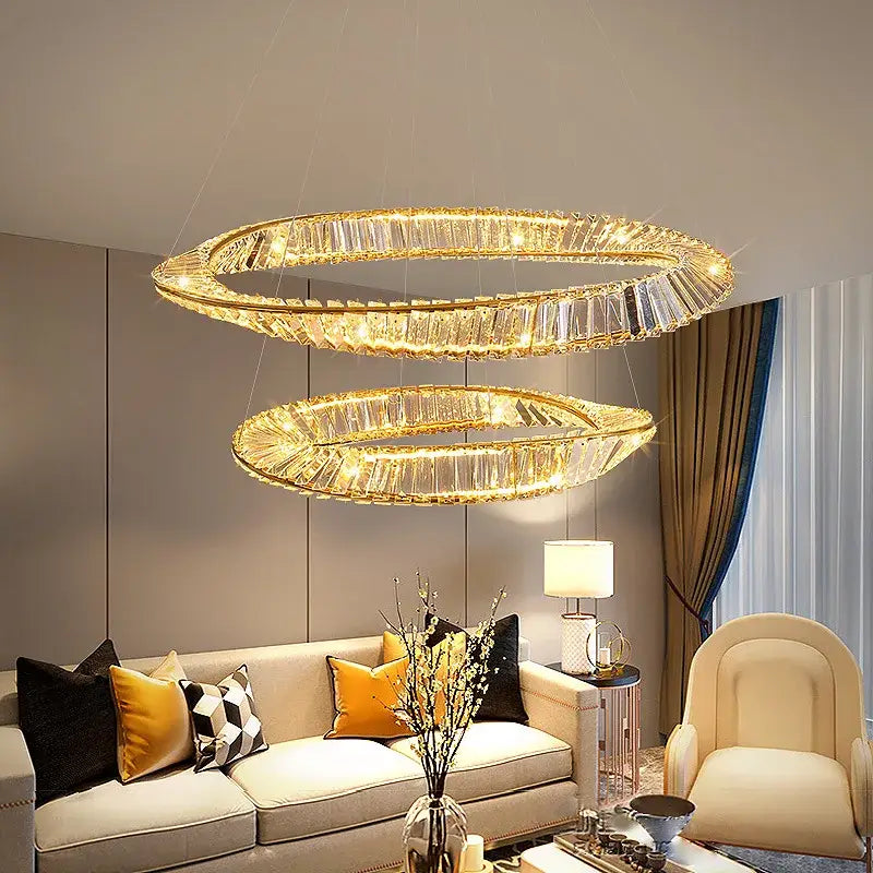 Modern gold crystal led chandelier dining room double ring pendant