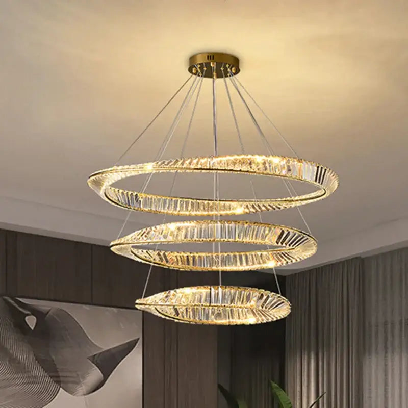 Modern gold crystal led chandelier dining room double ring pendant