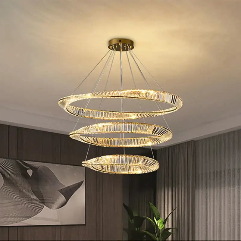 Modern gold crystal led chandelier dining room double ring pendant