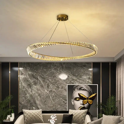 Modern gold crystal led chandelier dining room double ring pendant