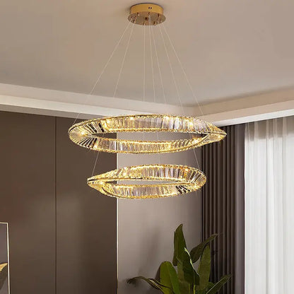Modern gold crystal led chandelier dining room double ring pendant
