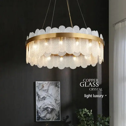Modern gold crystal led chandelier living room frosted glass petals