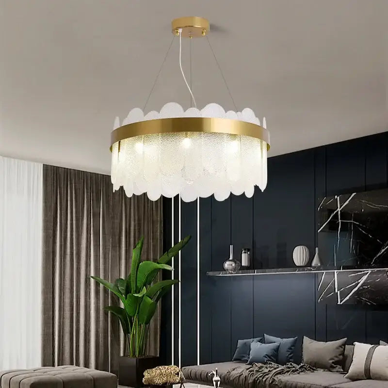 Modern gold crystal led chandelier living room frosted glass petals