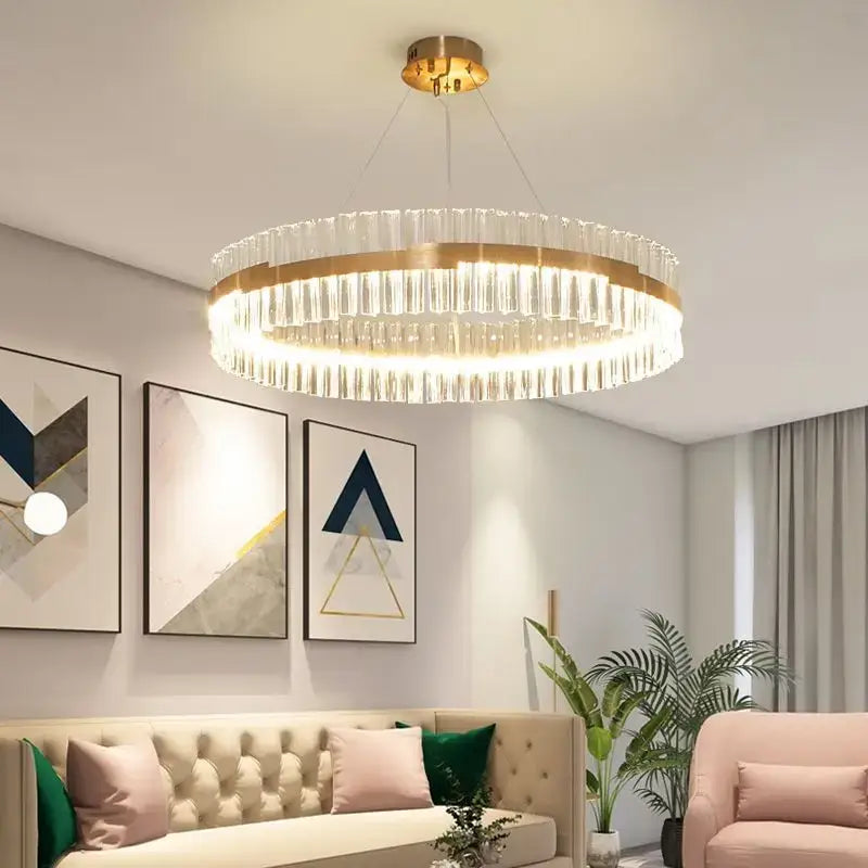 Modern gold crystal led circle pendant – living room chandelier