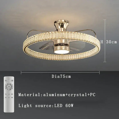 Modern gold crystal led fan light bedroom reversible blade