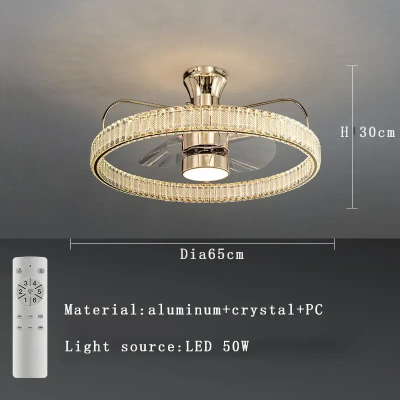 Modern gold crystal led fan light bedroom reversible blade
