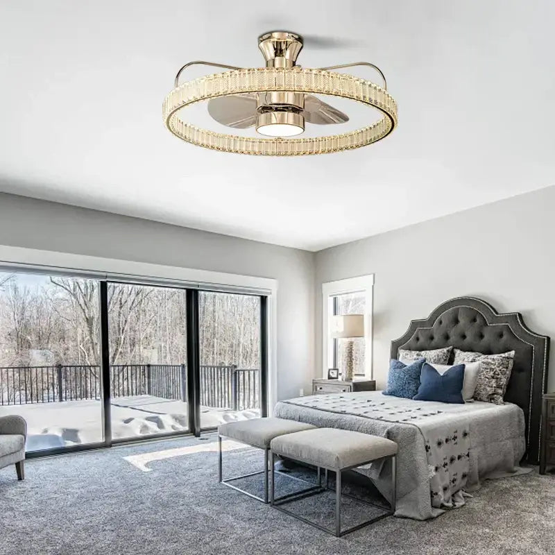 Modern gold crystal led fan light bedroom reversible blade