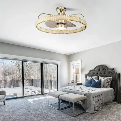 Modern gold crystal led fan light bedroom reversible blade