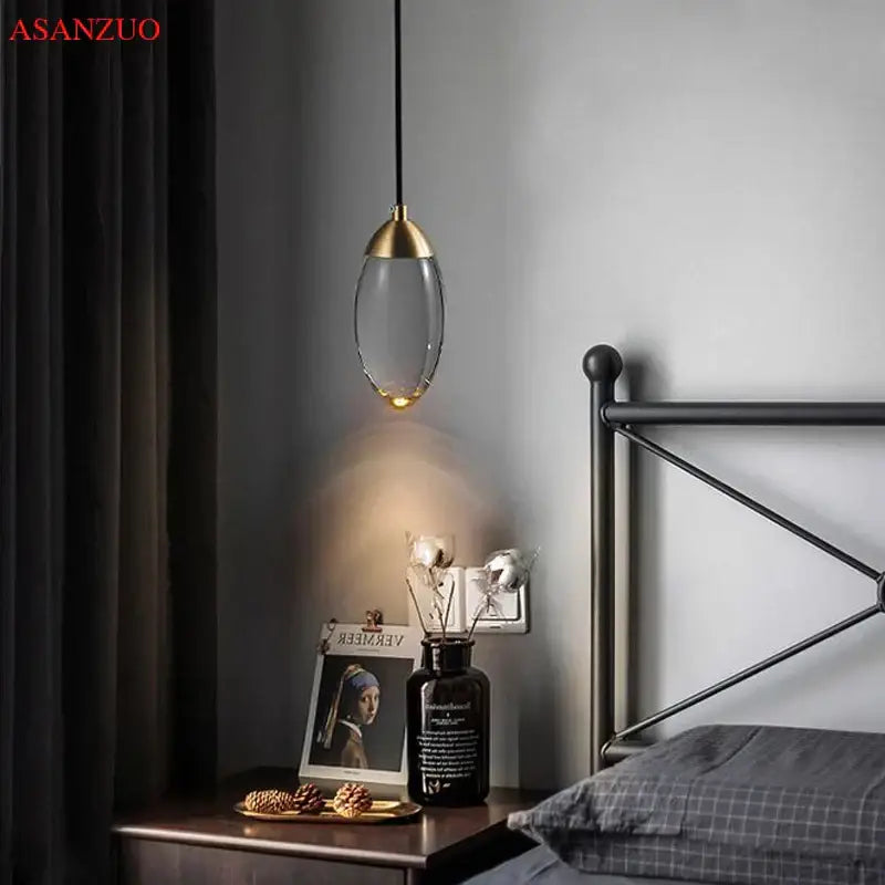 Modern gold crystal led pendant light bedroom glass lamp