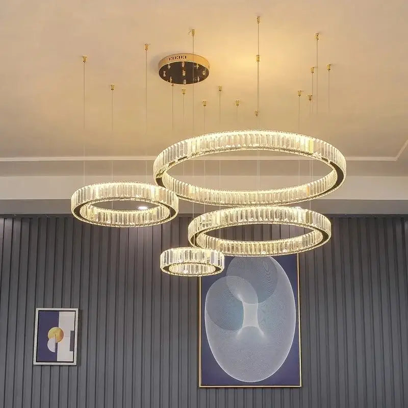 Modern gold crystal led ring chandelier stairwell pendant light