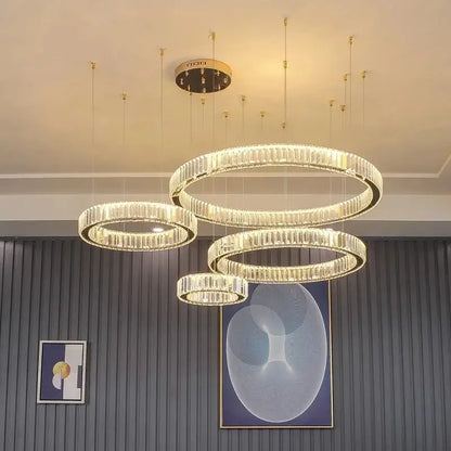 Modern gold crystal led ring chandelier stairwell pendant light