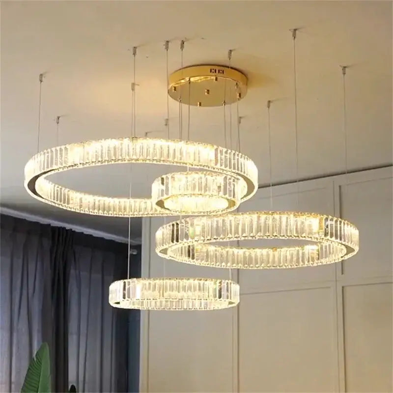 Modern gold crystal led ring chandelier stairwell pendant light