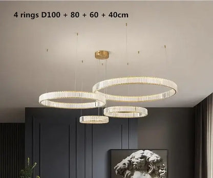 Modern gold crystal led ring chandelier stairwell pendant light