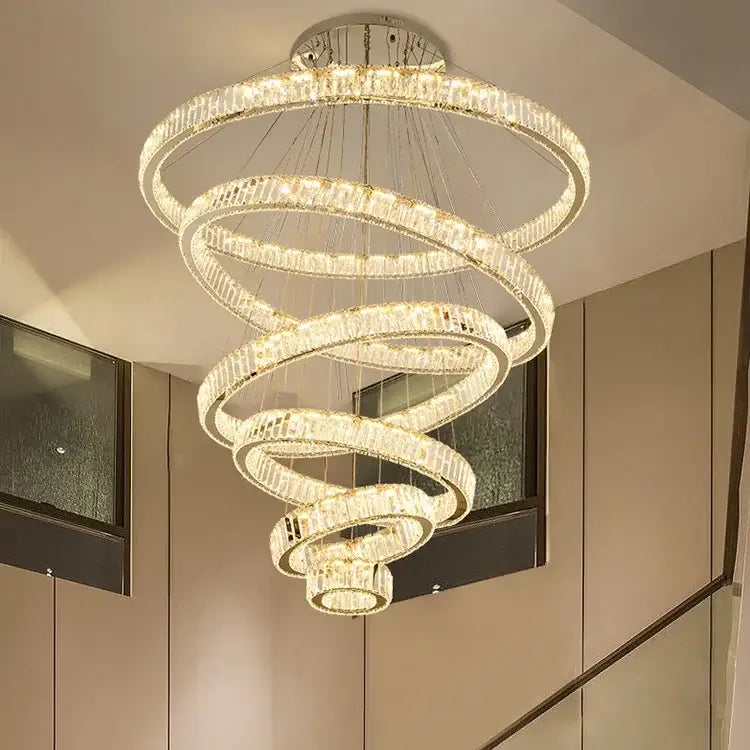 Modern gold crystal led ring chandelier stairwell pendant light