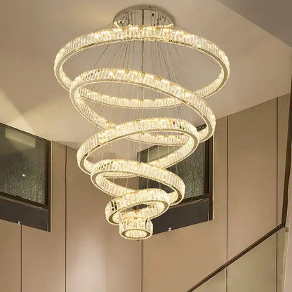 Modern gold crystal led ring chandelier stairwell pendant light