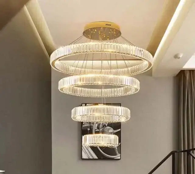 Modern gold crystal led ring chandelier stairwell pendant light