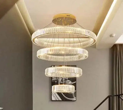 Modern gold crystal led ring chandelier stairwell pendant light