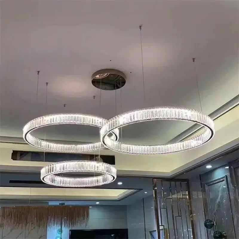 Modern gold crystal led ring chandelier stairwell pendant light