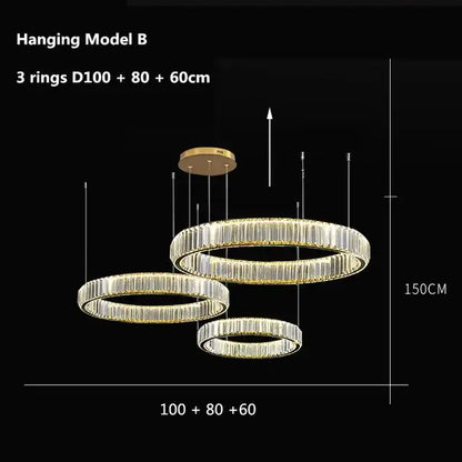 Modern gold crystal led ring chandelier stairwell pendant light