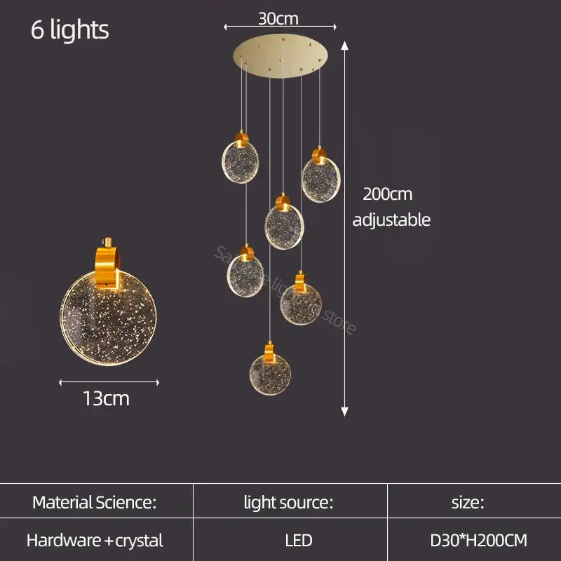 Modern gold crystal led stair slinglight living room pendant light