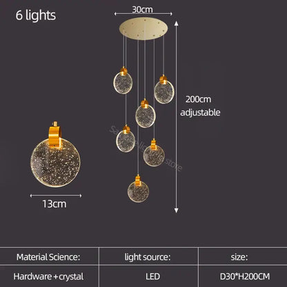 Modern gold crystal led stair slinglight living room pendant light