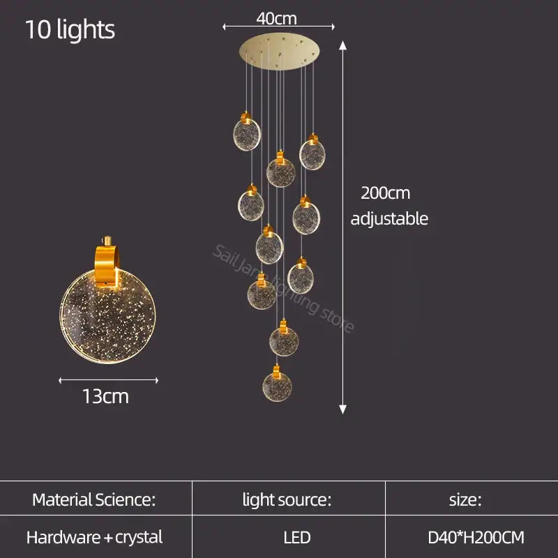 Modern gold crystal led stair slinglight living room pendant light