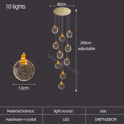 Modern gold crystal led stair slinglight living room pendant light