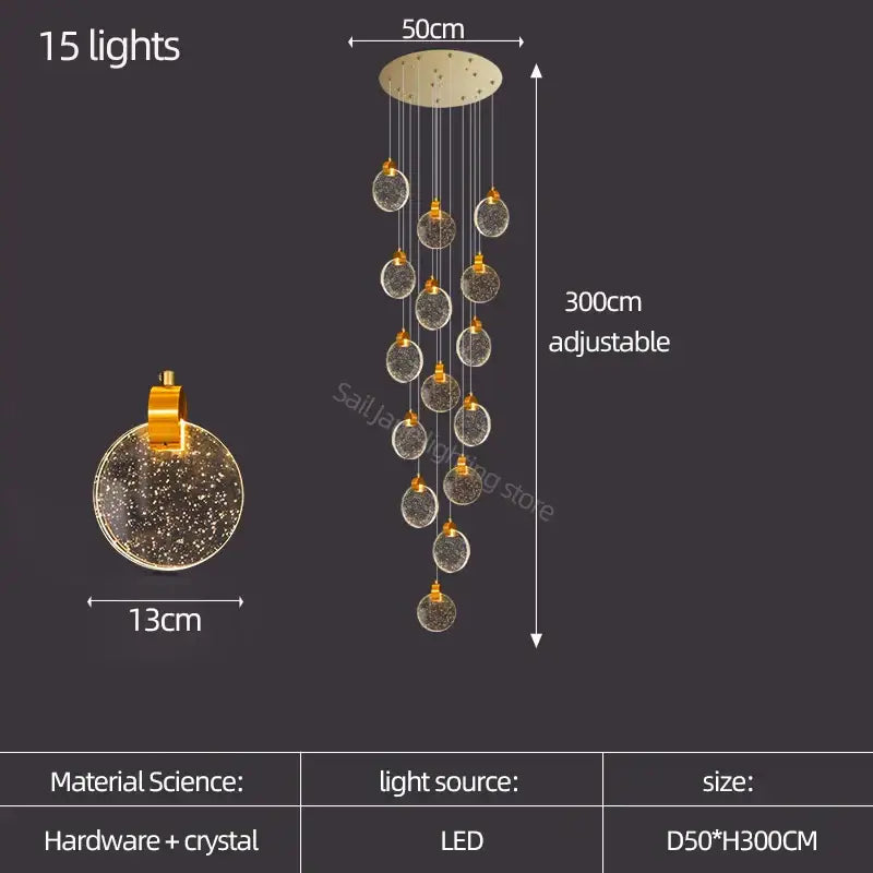 Modern gold crystal led stair slinglight living room pendant light