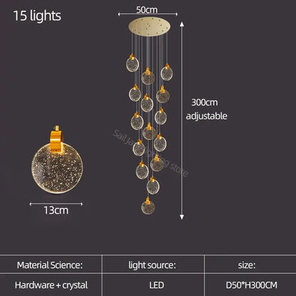Modern gold crystal led stair slinglight living room pendant light