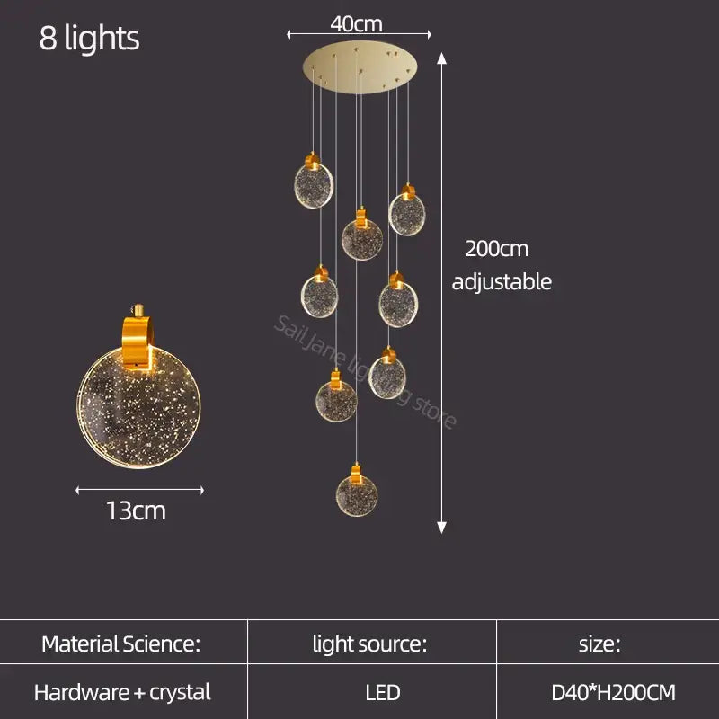 Modern gold crystal led stair slinglight living room pendant light