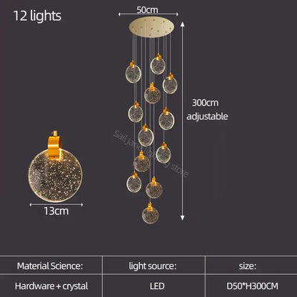 Modern gold crystal led stair slinglight living room pendant light