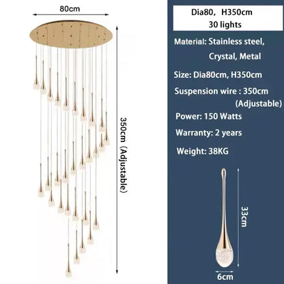 Modern gold crystal led staircase chandelier living room pendant light