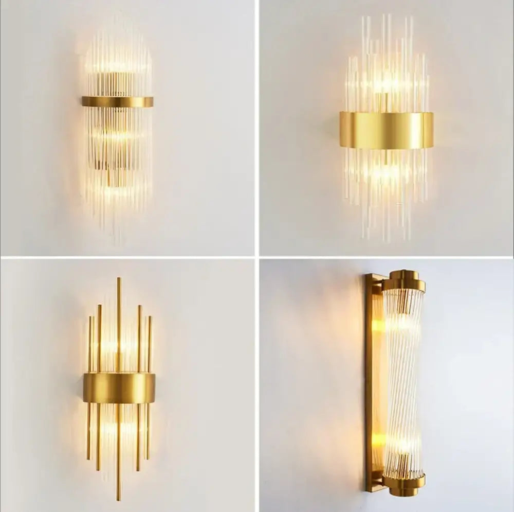 Modern gold crystal led wall sconce bedroom glass rod light