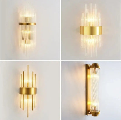 Modern gold crystal led wall sconce bedroom glass rod light