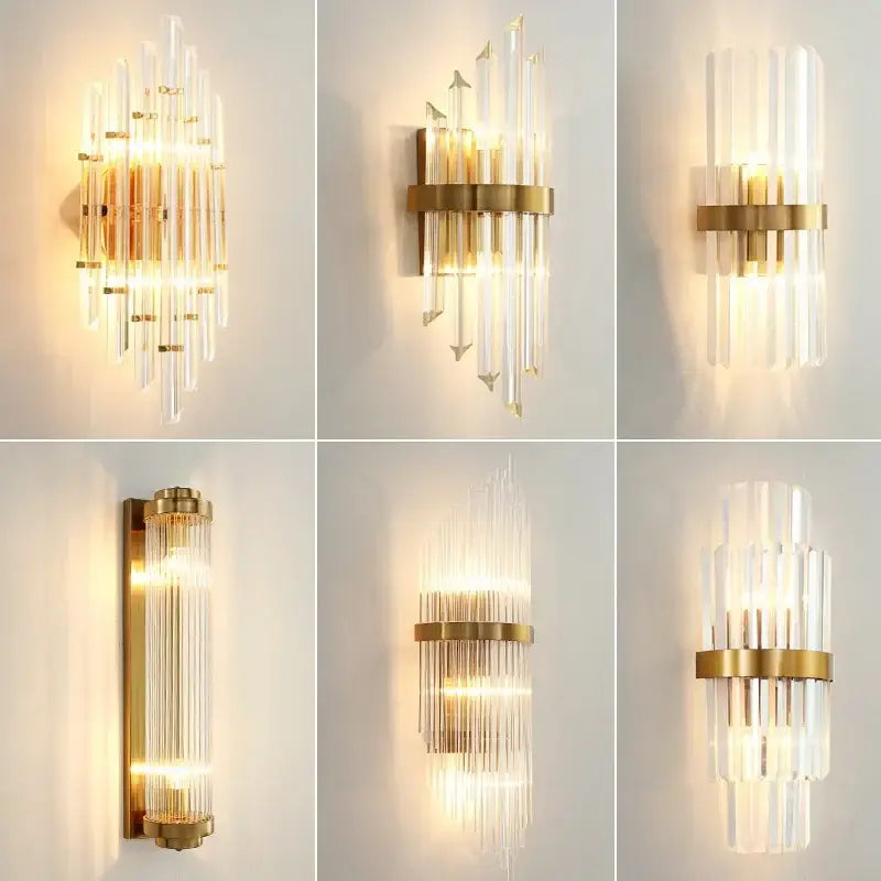 Modern gold crystal led wall sconce bedroom glass rod light