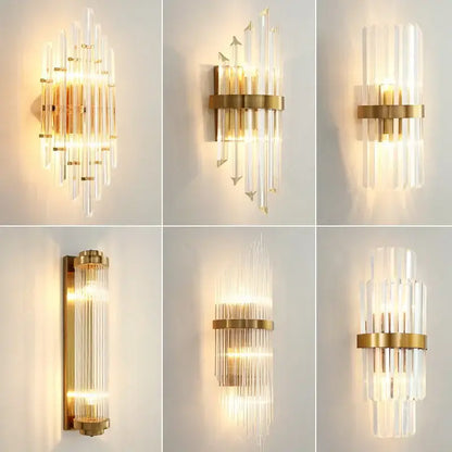 Modern gold crystal led wall sconce bedroom glass rod light