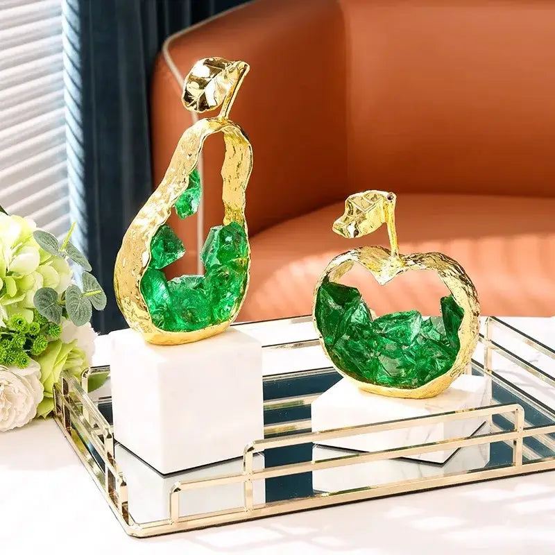 Modern gold crystal metal fruit sculpture set living room decor