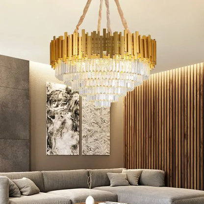 Modern gold crystal pendant chandelier dining room tiered droplets