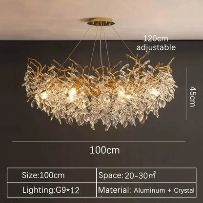 Modern gold crystal pendant chandelier living room luxury leaf light