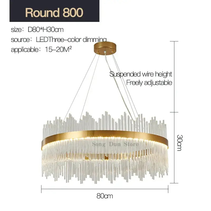 Modern gold crystal rod round chandelier living room light
