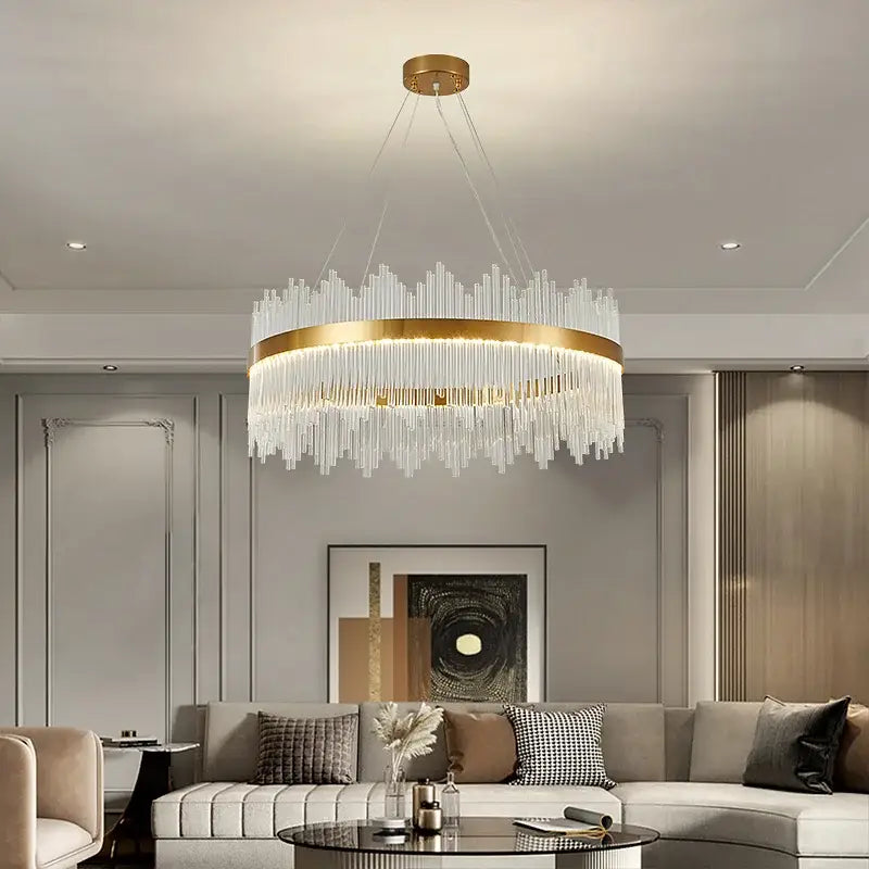 Modern gold crystal rod round chandelier living room light