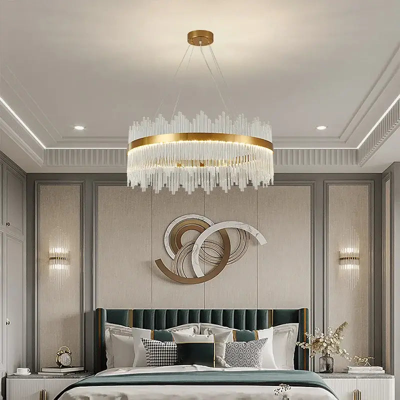 Modern gold crystal rod round chandelier living room light