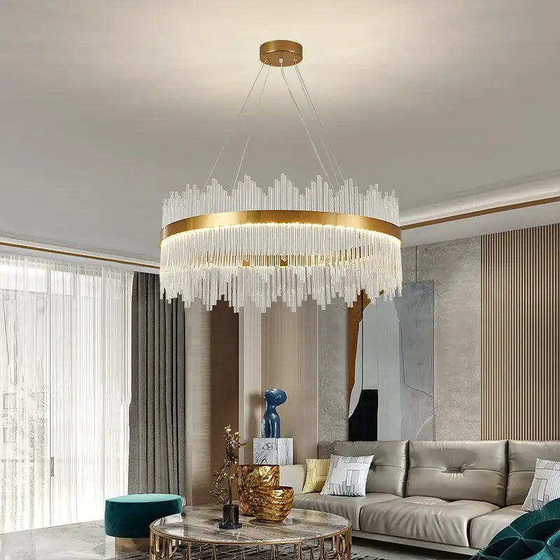 Modern gold crystal rod round chandelier living room light