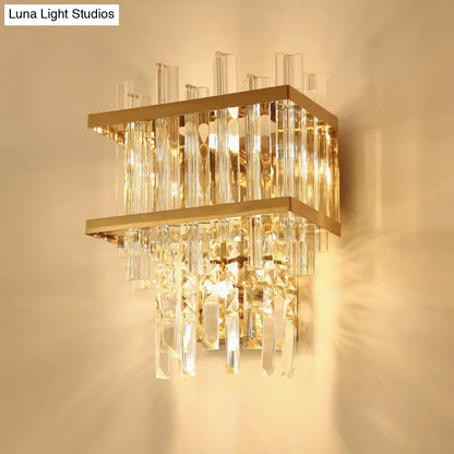 DecorBites™ Modern Gold Crystal Rod Wall Mount Sconce with Cube Shade - 3-Light Fixture for Living Room Lighting