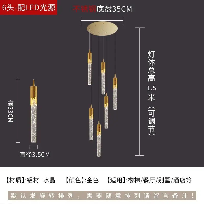 Modern gold crystal rotating staircase chandelier living room light